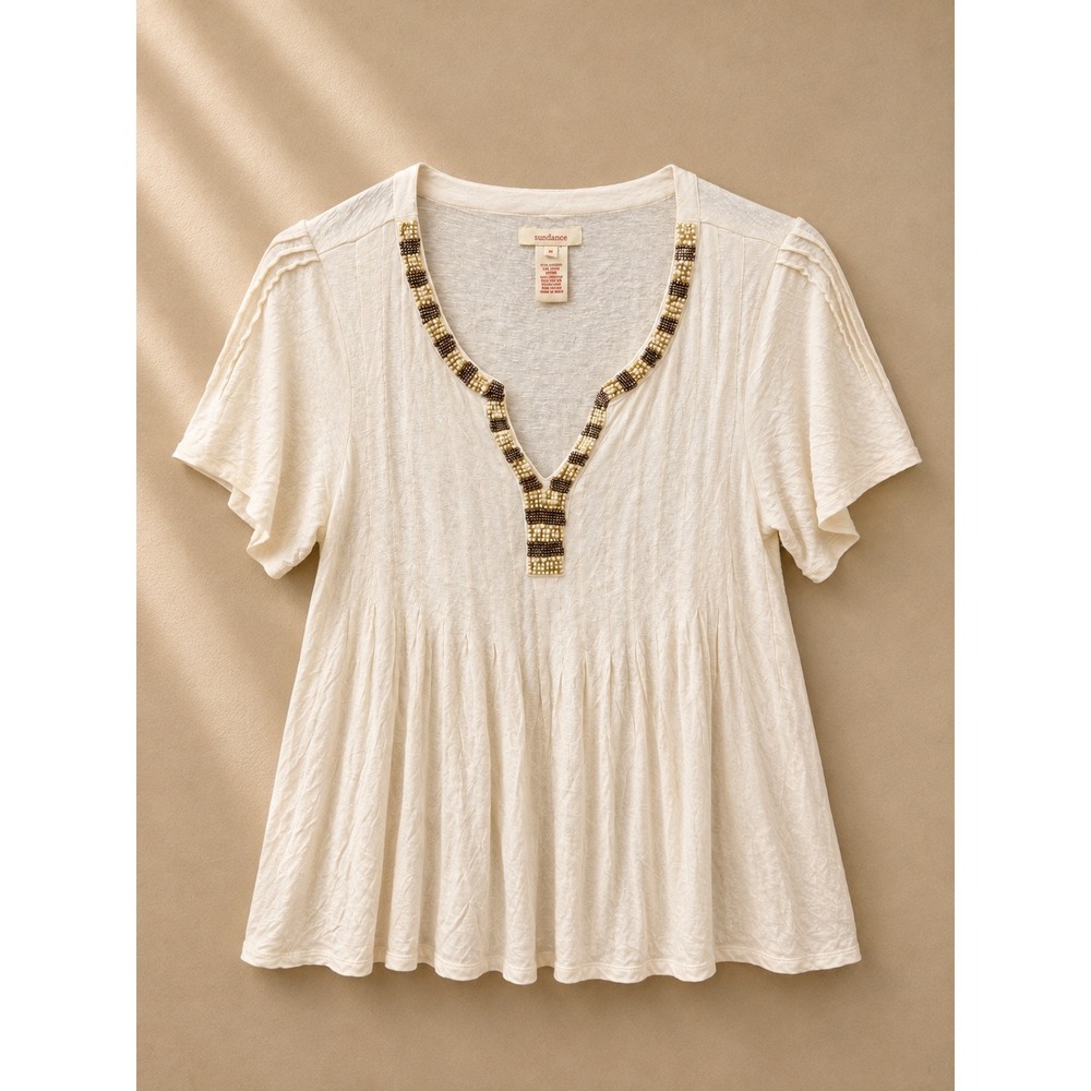 Sundance Womens Top Size S Cream Beaded V-Neck Babydoll Linen Blend Short Sleeve